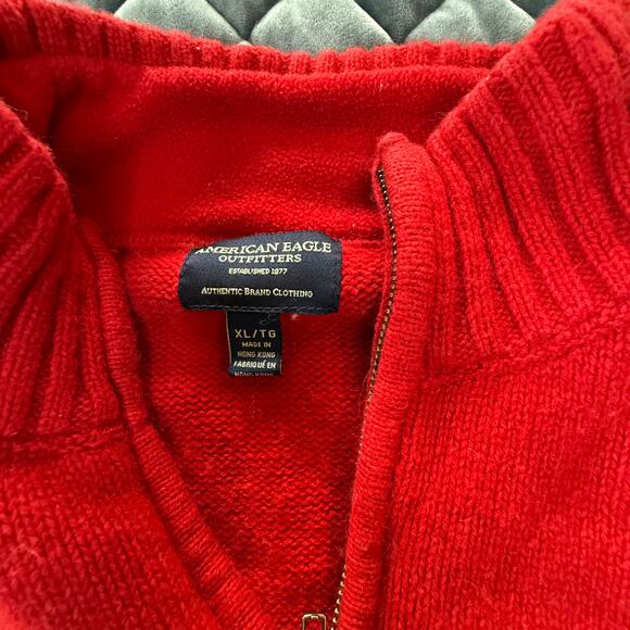 American Eagle Wool Blend Vintage Red Fair Isle Quarter Zip Nordic Large - Picture 5 of 8